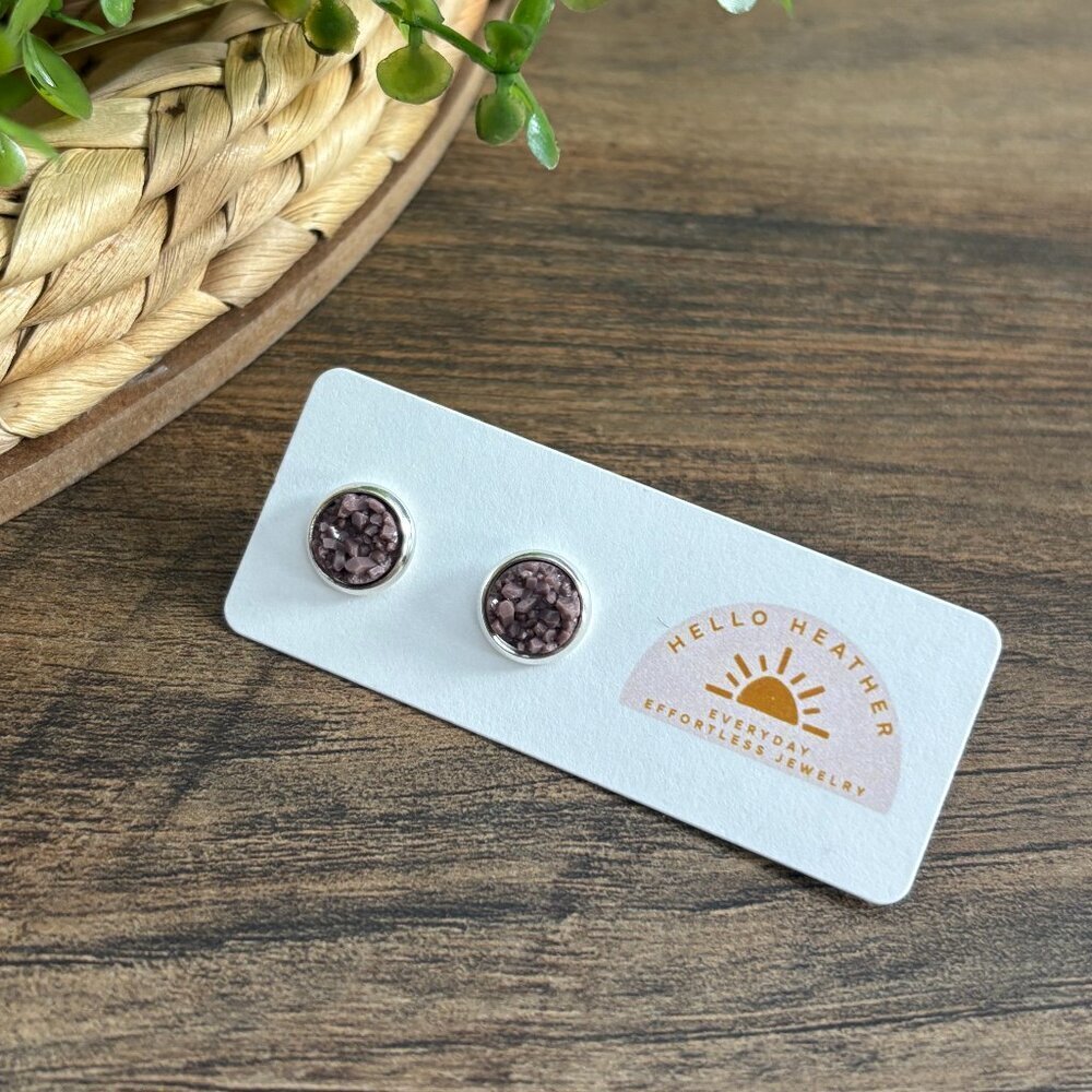 🆕 Druzy Rose Mauve and Silver Stud Earrings